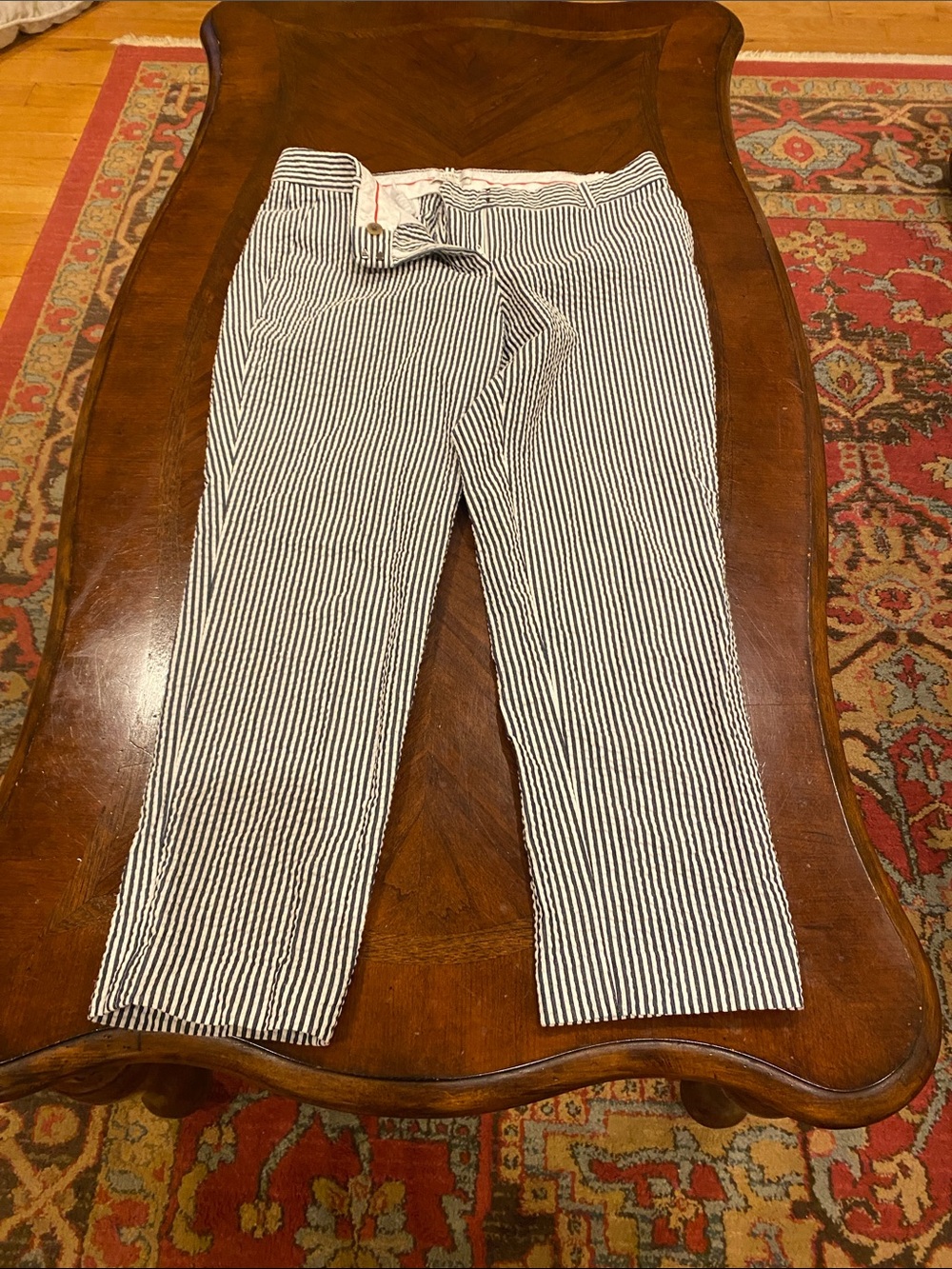 J. Crew Striped Cafe Capri in Navy and White with Red Trim